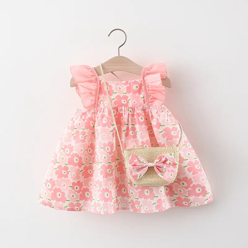 Vestido con estampado de flores para niña, ropa infantil con manga de volantes, con bolsa, novedad de verano de 2022