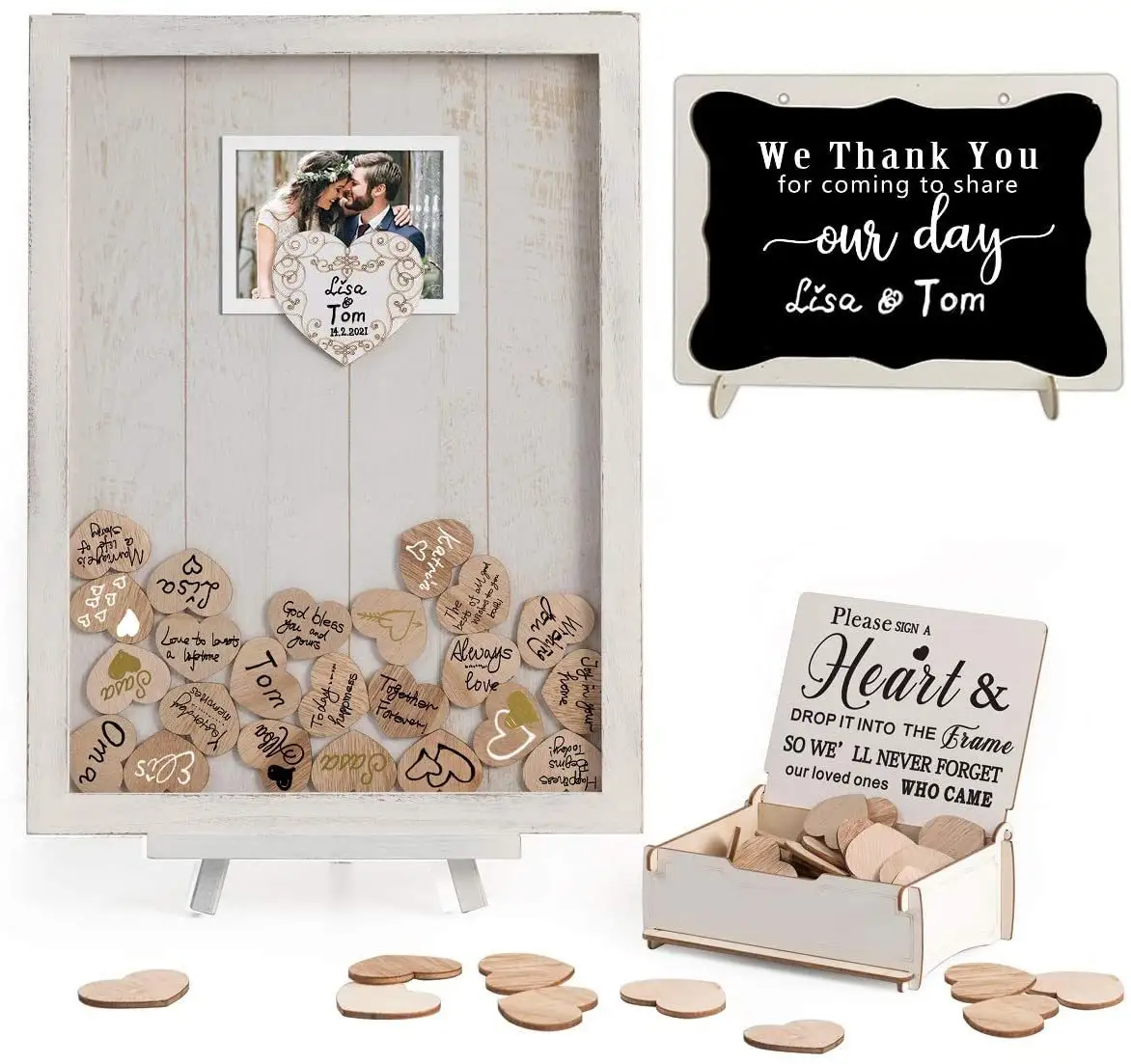 Hot selling guest message wooden message board wooden chip heart message picture frame party party sign-in box guestbook wedding
