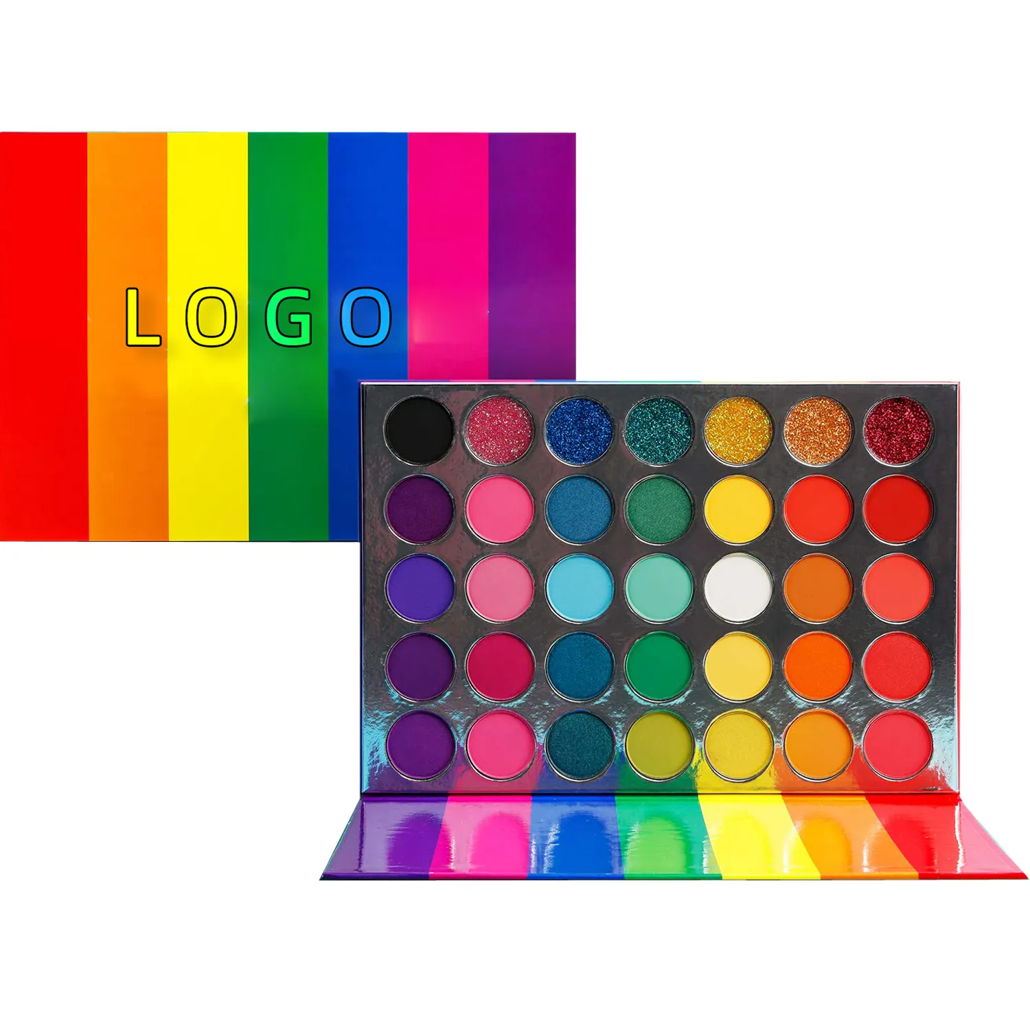 O logotipo personalizado 35 rainbow colors makeup palette eyeshadow pigmento impermeável sombra de olho disco