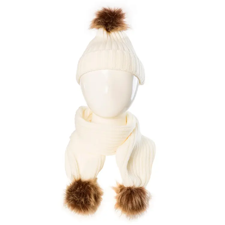 Inverno caldo cappelli di maglia personalizzata del capretto pelliccia pom pom beanie del bambino del cappello della sciarpa set