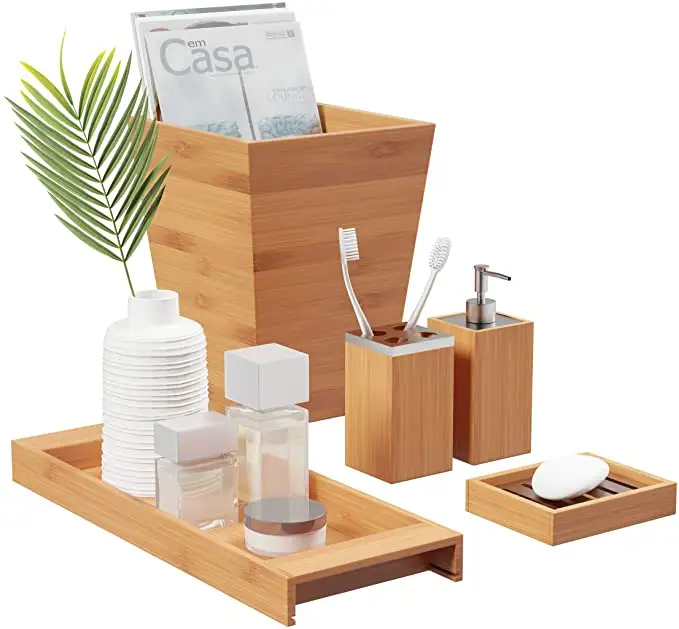 Set Aksesori Kamar Mandi Bambu dengan Tempat Sampah, Dispenser Sabun Piring, Tempat Sikat Gigi dan Nampan