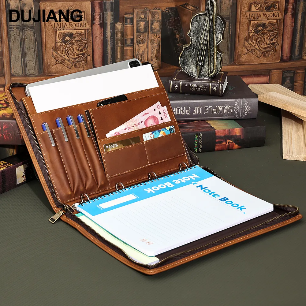 Men women Zippered Padfolio Cover Portable A4 Document Organizer Crazy horse leather Portfolio Folder Case with Binder