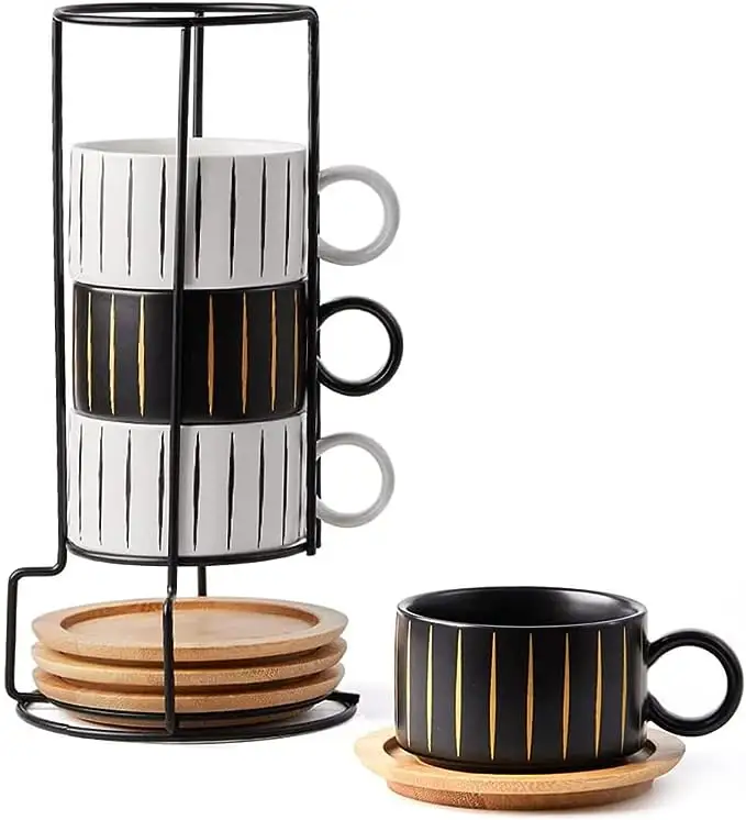 Tabağı ve 2024 6 ons istiflenebilir seramik Demitasse Espresso kupalar Cappuccino Espresso fincanı ile Metal standı porselen kap seti