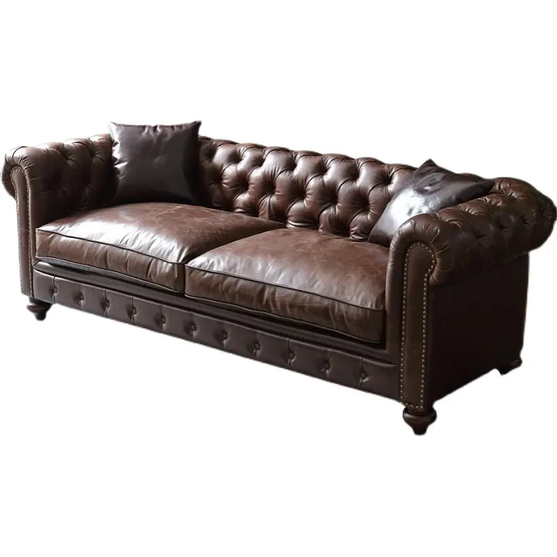 Sofa Gaya Amerika Retro, Tempat Tidur Sofa Panjang Kancing, Set Sofa Kulit Coklat, Chesterfield, Mewah, Abad Pertengahan