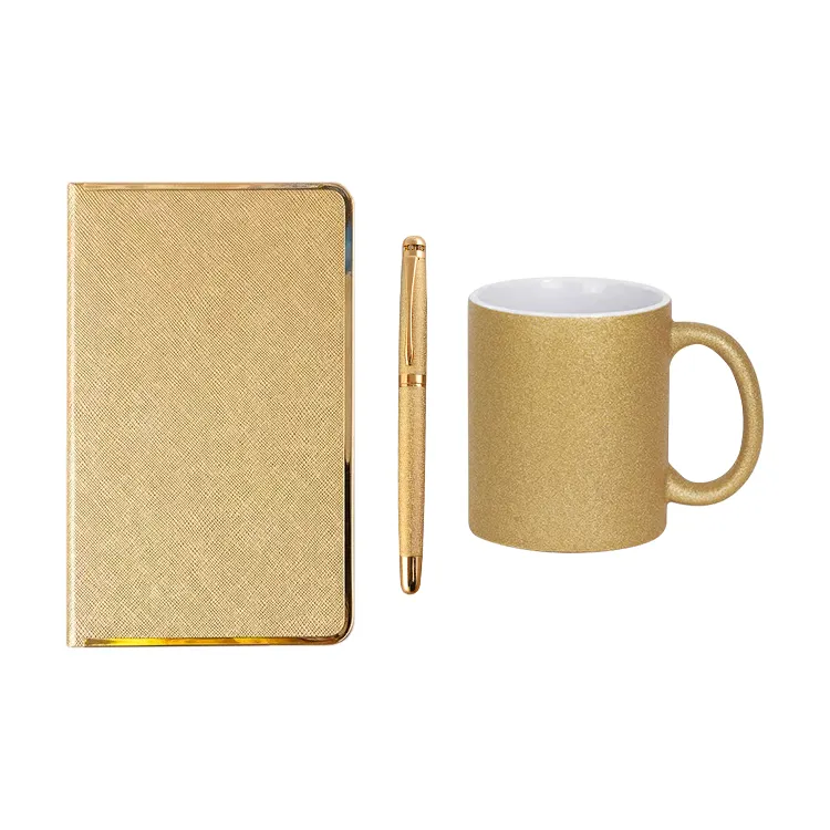 Luxury Exalted Golden Promotional Business Gift Set Customized Design Logo A6 Notebook Metal Pen Ceramic Coffee Cup