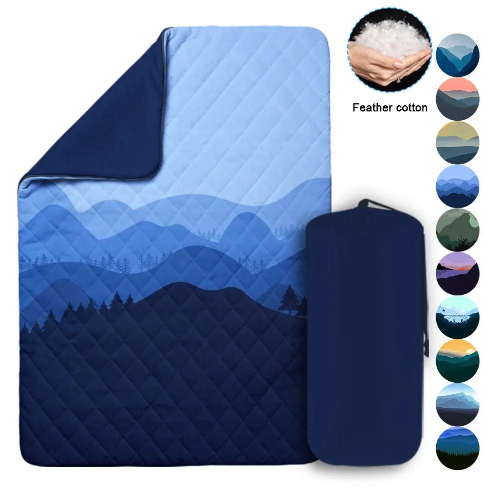 Impressão De Paisagem Azul Personalizada Poliéster Reciclado Para Baixo Cobertor De Acampamento Cobertor Puffy