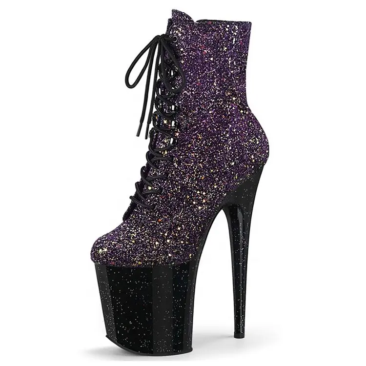 Botas de palco para dança, botas de descascador com glitter preto, alto, exótico, para dança, 20cm