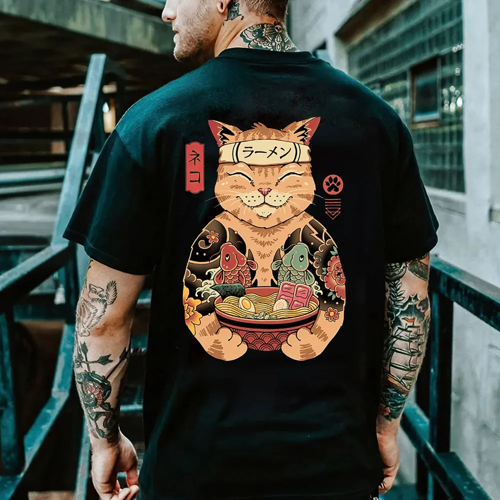 JX Cartoon Anime Samurai Cat Printed T Shirt For Men Outdoor Hip Hop Harajuku Vintage Clothes Casual O-Neck Loose Short Sleeve
