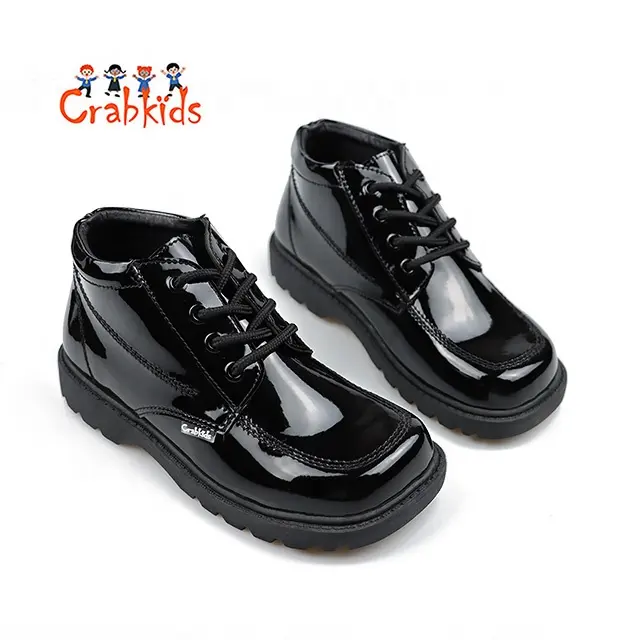 Crabpids 고품질 블랙 에나멜 가죽 신발 소년 남성 신발 끈과 부드러운 표면 학교 신발