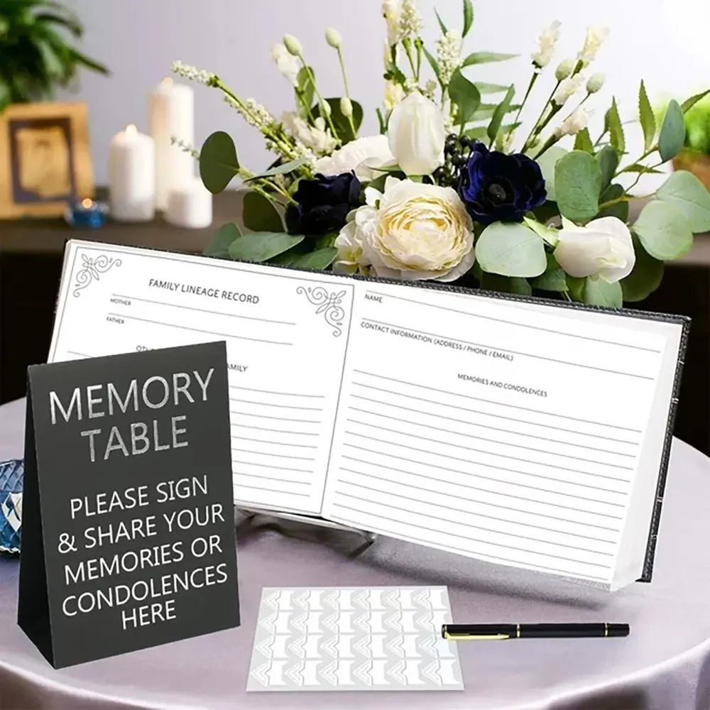 Ensemble de livre d'or funéraire de mémoire personnalisé et panneau de table de mémoire livre d'or funéraire à couverture rigide en relief