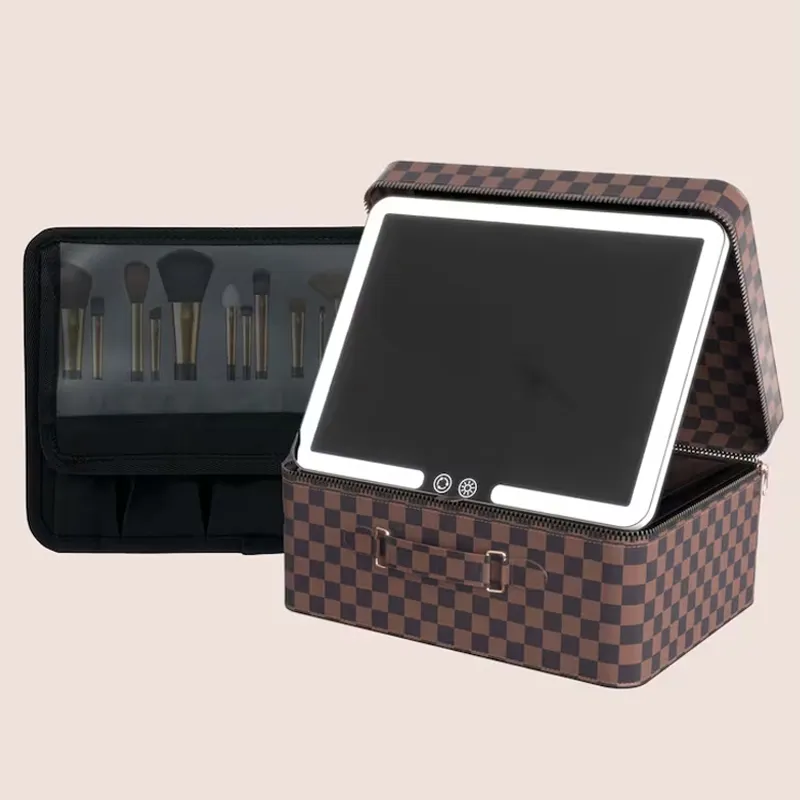 Özel markalı Pu saklama kutusu şarj edilebilir seyahat kozmetik case makyaj makyaj çantası çanta ile Led işıklı işık Up ayna