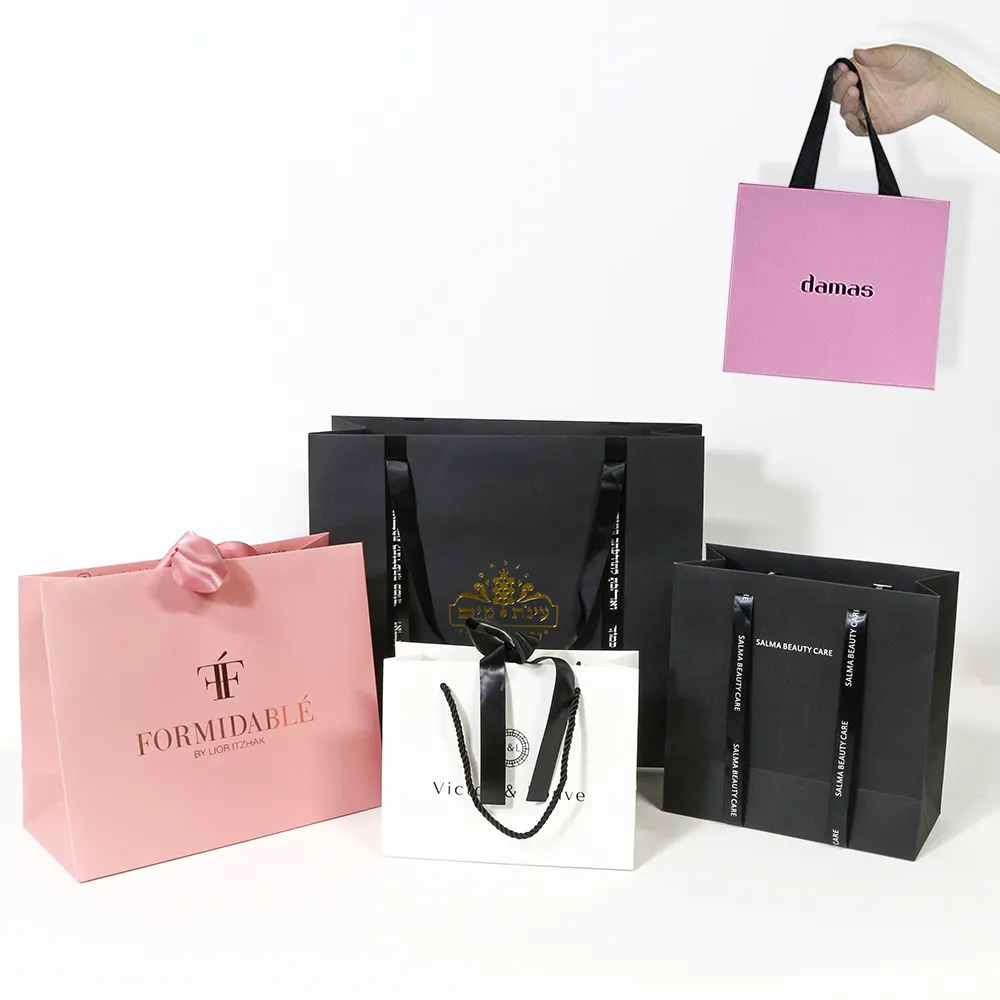 Logo personnalisé luxe ruban poignée cadeau papier sacs vêtements Shopping mariage emballage Victorias Secret rose sacs