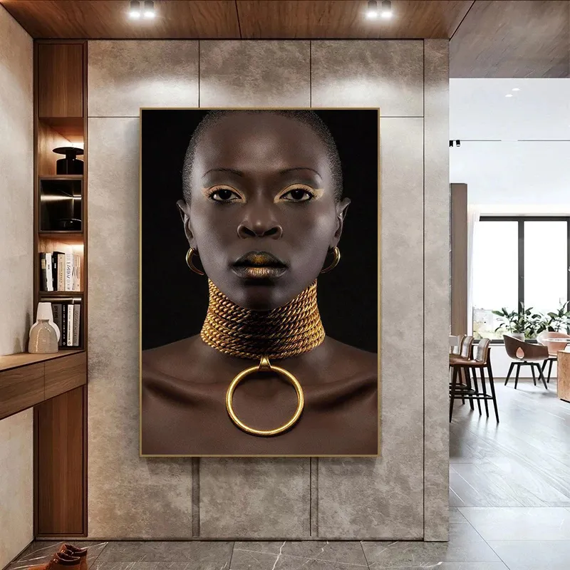 Colheria de parede feminina africana, joias nuas, retrato quadros, tela impressa, fotos, decoração de parede de luxo, interior da sala de estar