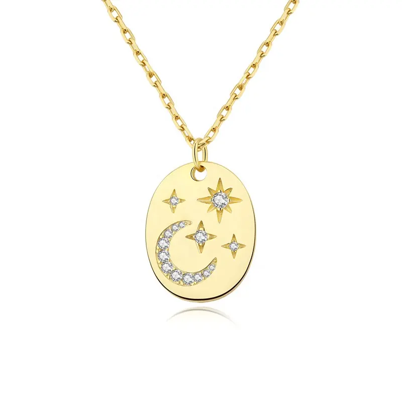 Bijoux à la mode en cuivre plaqué or forme ovale Micro Pave CZ diamant étoile lune pendentif colliers