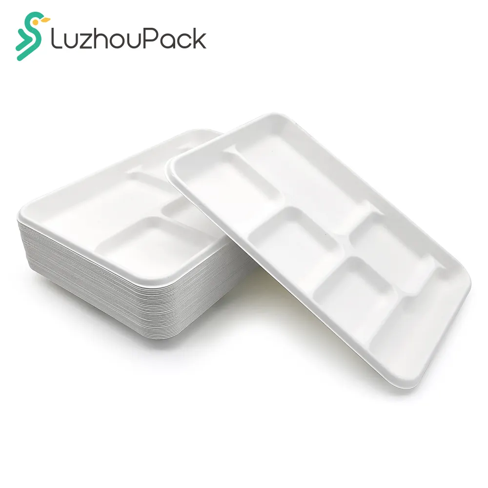 Luzhouback 10.6 inch 6 ngăn phân hủy sinh học mía bã mía dùng một lần bệnh viện trường ăn trưa giấy Khay bột giấy