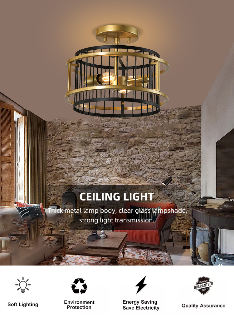 Modern Popular Indoor Decorative 1light 2light E12 E14 Black Gold Iron Ceiling Light