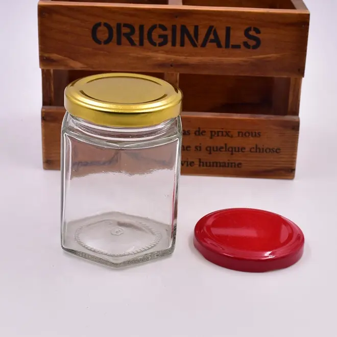 180ml 250g trasparente esagonale tappo a vite bee honey jar vasetti di marmellata salsa calda di conservazione degli alimenti contenitore di bottiglie di vetro con coperchi in metallo