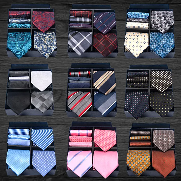 Gravatas e lenço quadrados de bolso para homens, gravatas e gravatas elegantes de negócios, lote clássico, 3 peças, para festa de casamento,