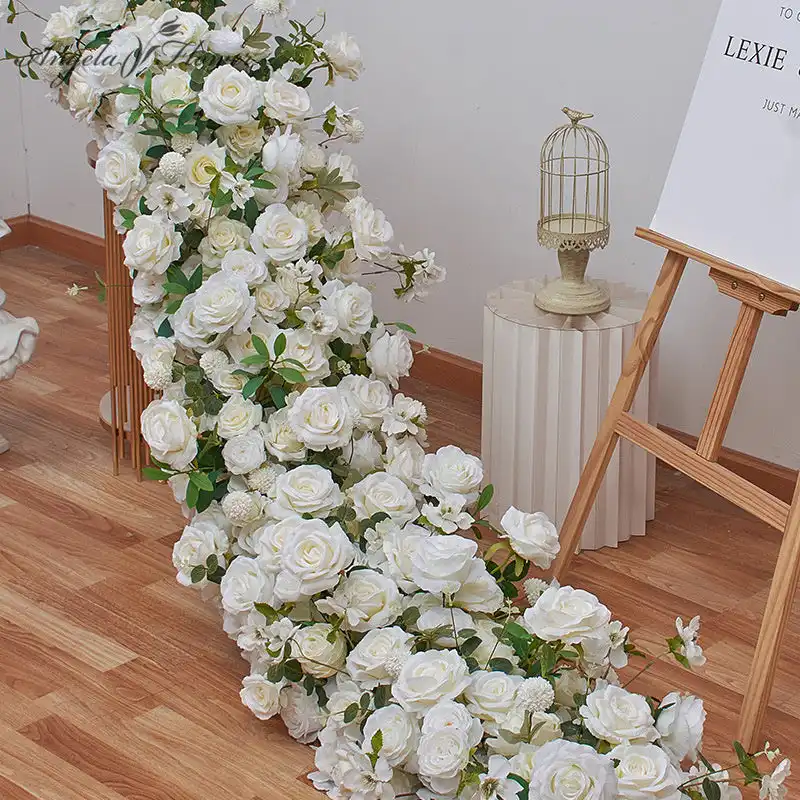 Fila de flores de boda, camino de mesa decorativo, arreglo Floral, flores artificiales, blanco