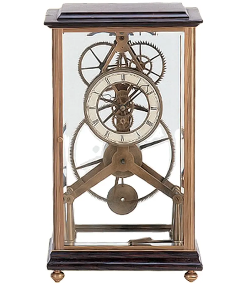 Le Imités du Français Antique Bronze SM Carré Fusée Horloge Squelette avec couvercle en verre et base en bois JGG01-1-1