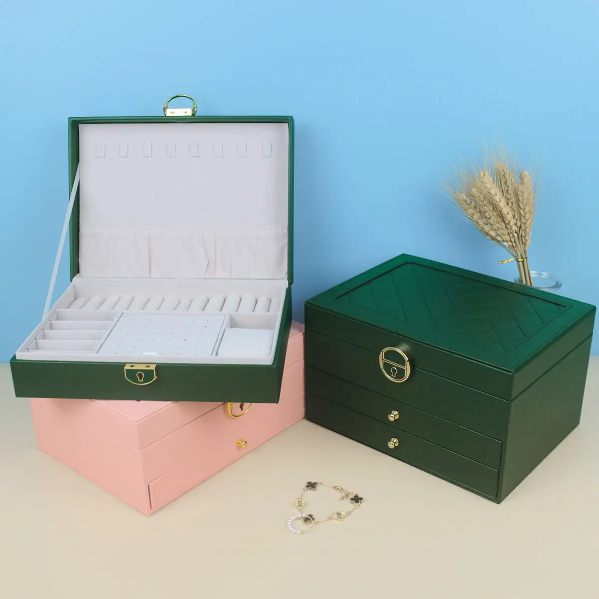 멀티 서랍 PU 가죽 대용량 정리 수납 휴대용 케이스 3 종 여성 다이아몬드 모양 보석 상자