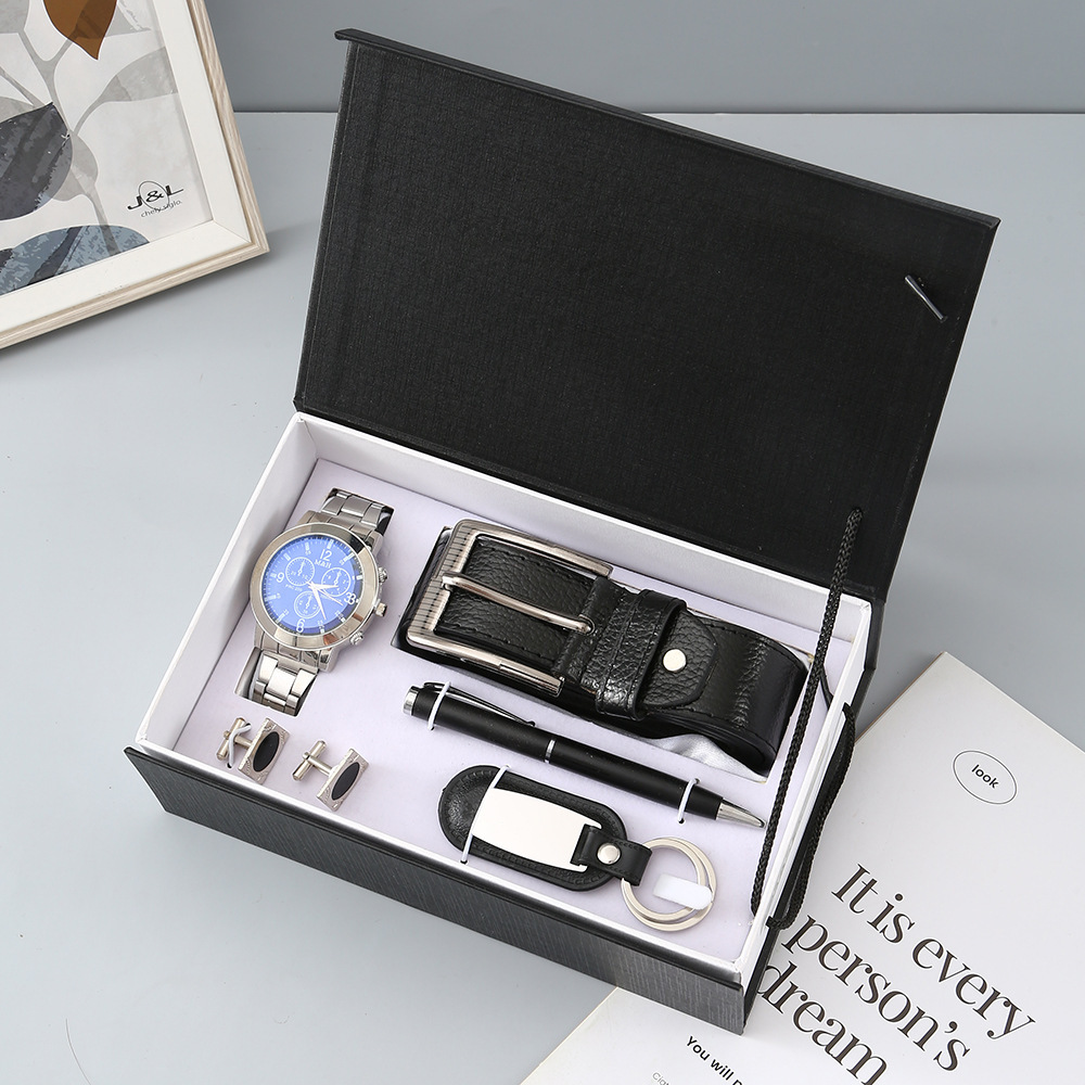 black-5 piece set-steel watch belt pen key chain cufflinks