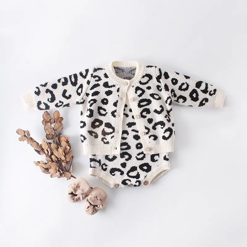 Baby Winter Clothing Set High Quality Leopard Cardigans +Sleeveless Romper 2pcs Baby Outfit Set Knitted Infant Winter Clothes