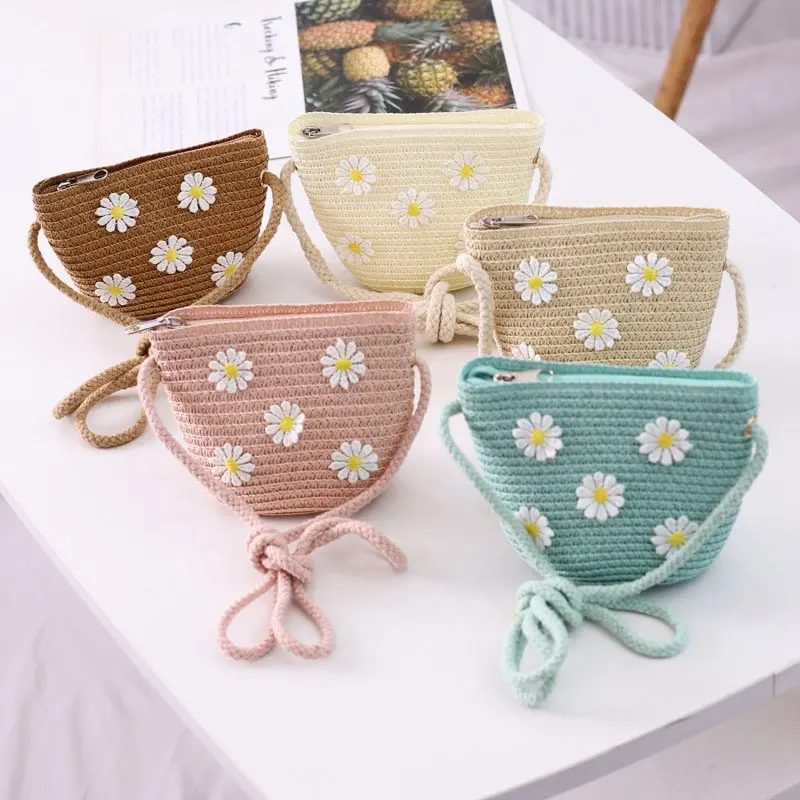 Bolso de hombro de moda para niños, pequeña con flores bonitas bandolera, monedero, bolsa de paja para playa, novedad de 2023