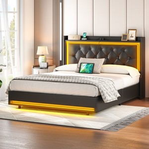 เตียงแฝด/คู่/เต็ม/เตียงขนาดควีนไซส์พร้อมหัวเตียงหุ้มโครงเตียงสีดำพร้อมไฟ LED ชาร์จไฟสถานี USB - Product Image 4