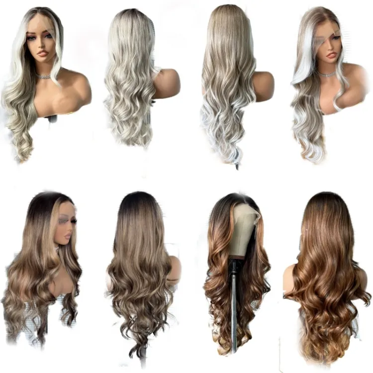 Moq1 lunghe Ombre marrone evidenzia parrucche sintetiche ondulate marrone chiaro riccia bionda Balayage parrucca 13x4 pizzo anteriore resistente al calore