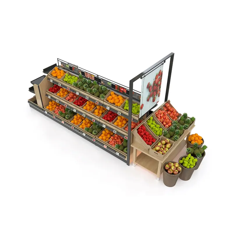 Expositor de supermercado para lojas de frutas frescas Rack de madeira de aço para frutas e vegetais com espaço de armazenamento