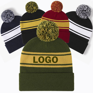 Logo personnalisé vente en gros hiver unisexe équipe sportive tricoté rayure arc-en-ciel pompon brodé Bobble Pom chapeaux bonnets Jacquard - Product Image 3