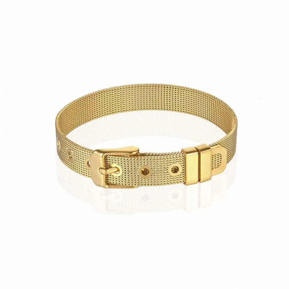 Pulsera de malla con hebilla ajustable para hombre y mujer, brazalete de acero inoxidable chapado en oro de 10mm