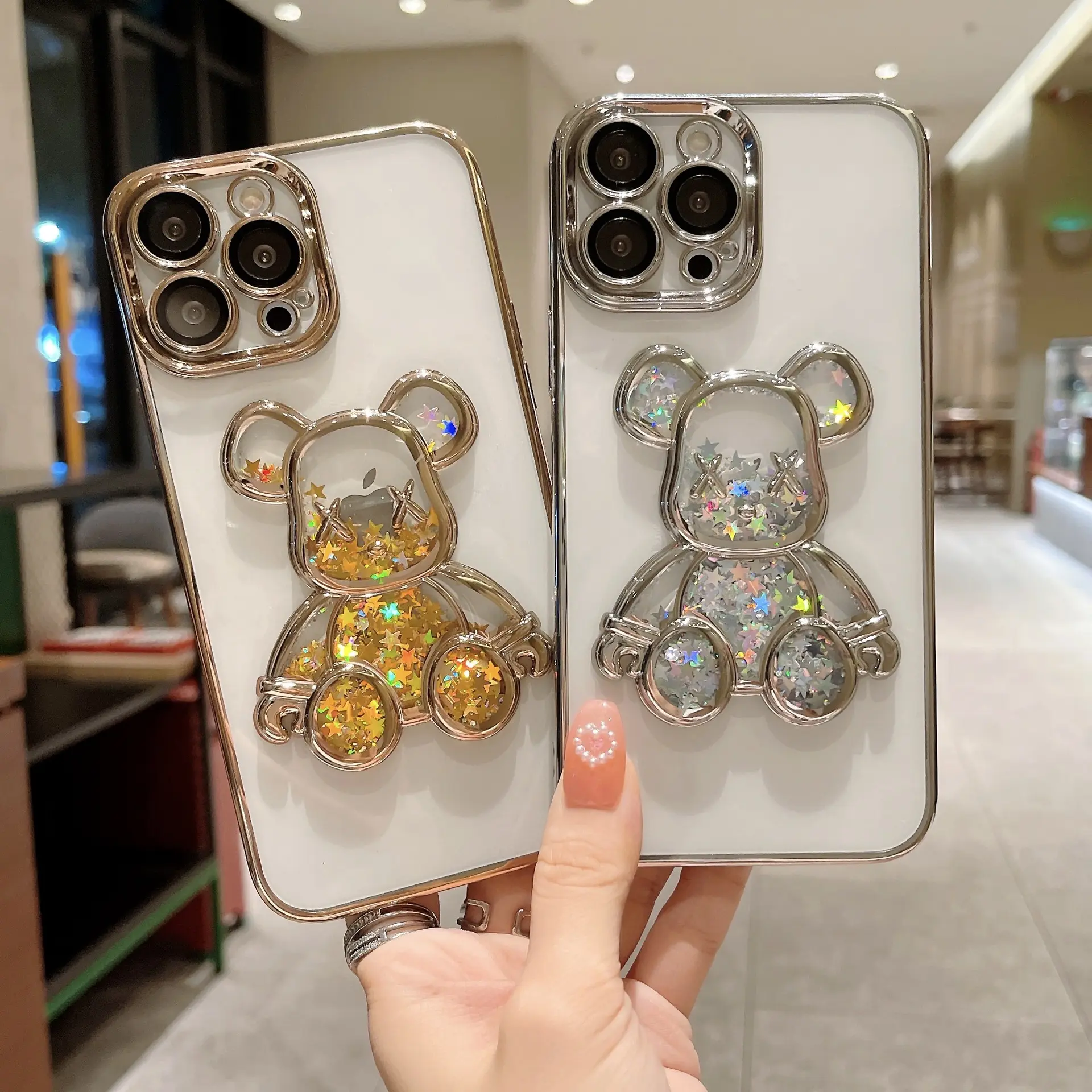 Luxury Fashion Creative Glitter 3D Electroplated Quicksand Violent Bear Phone Case Suitable for iPhone 12 13 14 15 Pro Max