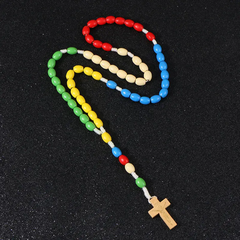 Komi rosário de madeira artesanal, colar com pingente de cruz, de miçangas coloridas, joia católica para meninas e crianças, R-190