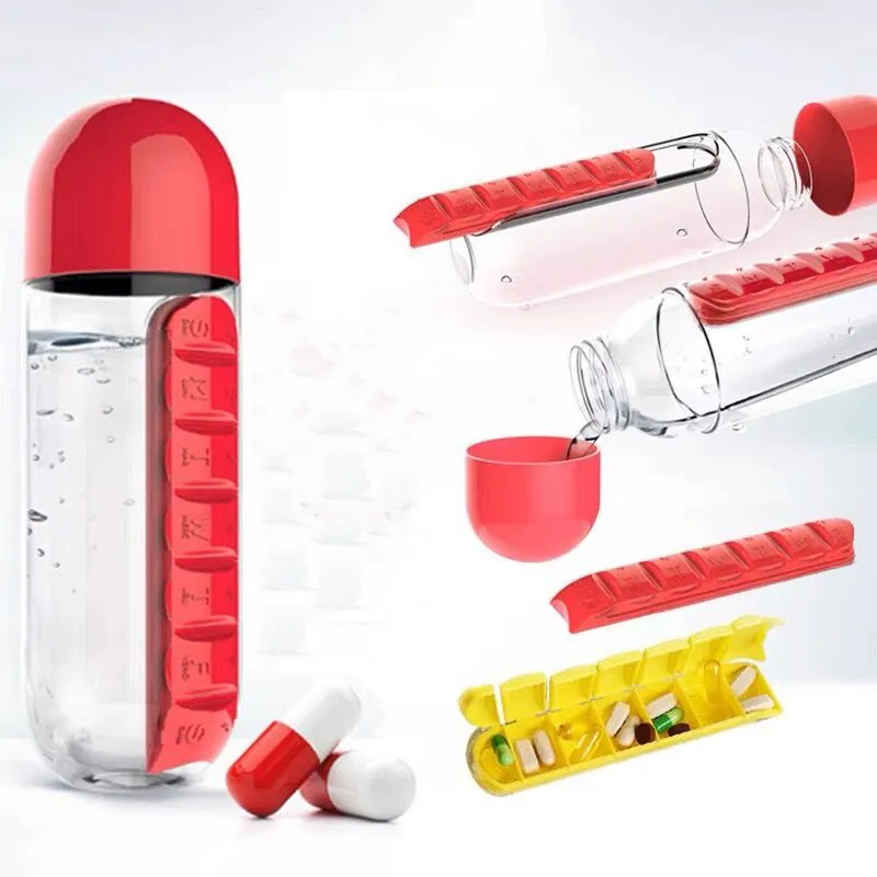 Kotak pil botol air mingguan PP multifungsi 600ml wadah pengatur pil 7 hari kotak pil