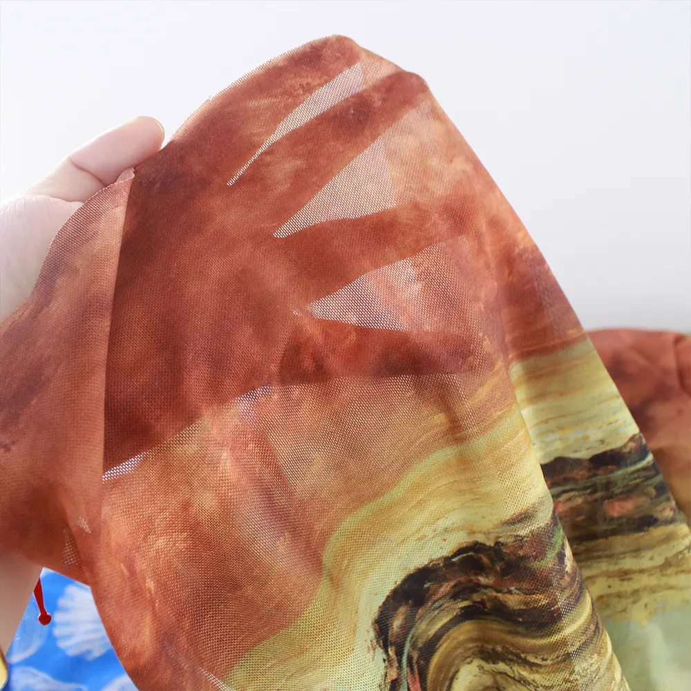 Tessuto a rete elasticizzato personalizzato a 4 vie Wingtex stampato Tan attraverso il tessuto del costume da bagno in poliammide elastan