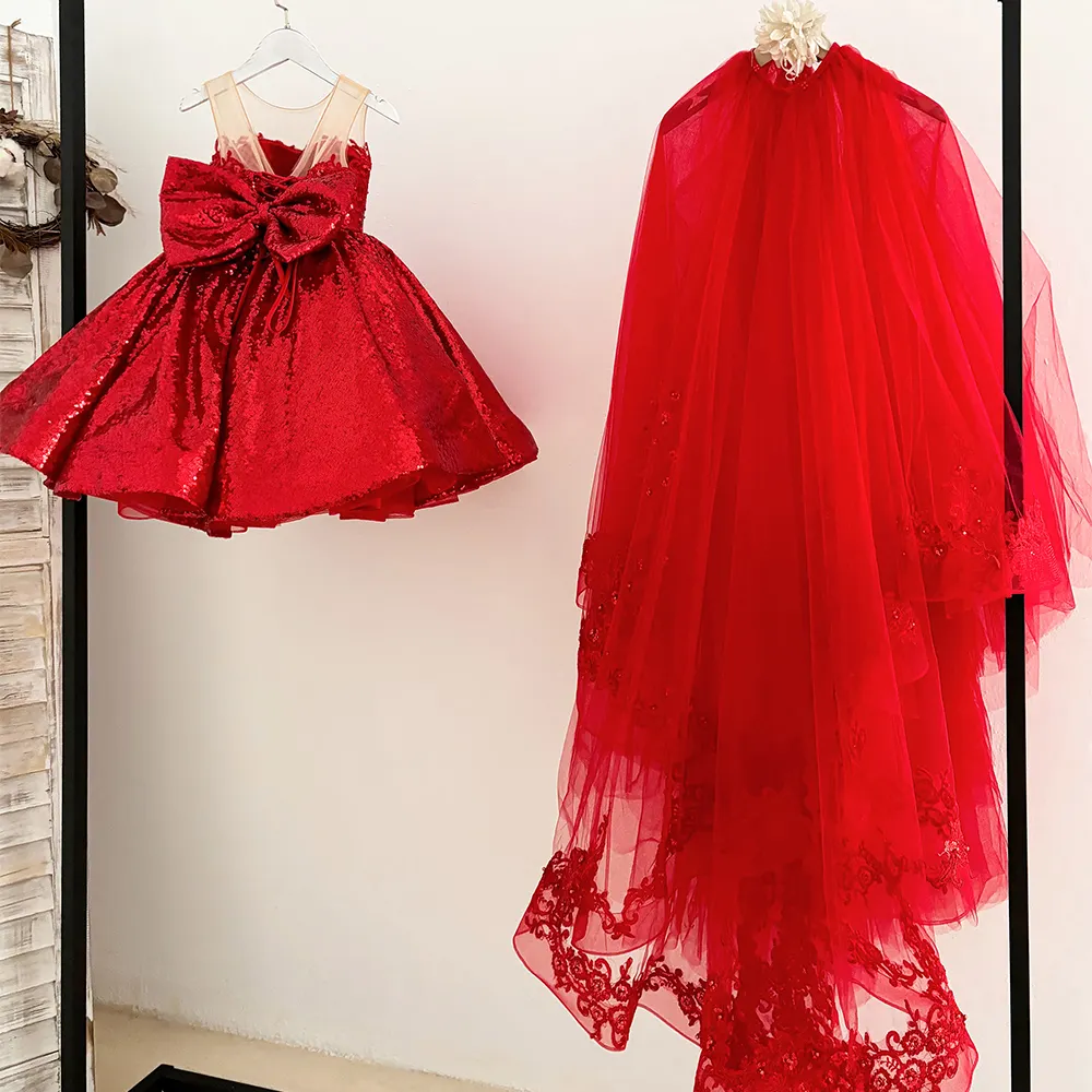 Últimas niñas otoño Reina Roja flor uniforme melocotón cumpleaños niños vestido de noche diseños rojo vestido de San Valentín