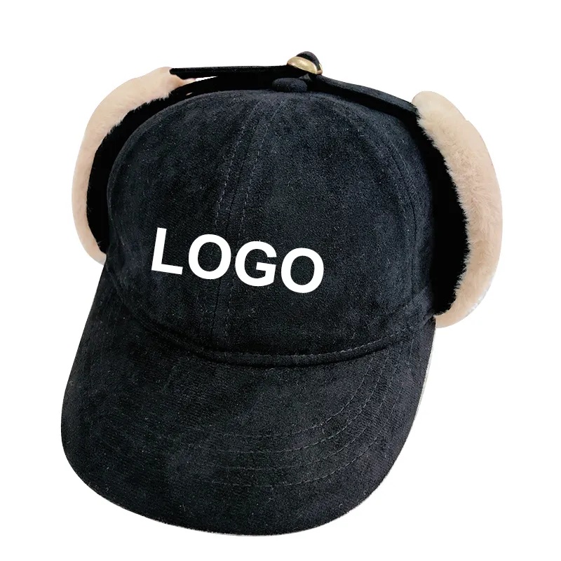 カスタムロゴの厚いニットビーニー帽子を持つ女性のためのスエードフロントスカルイヤー冬の野球帽