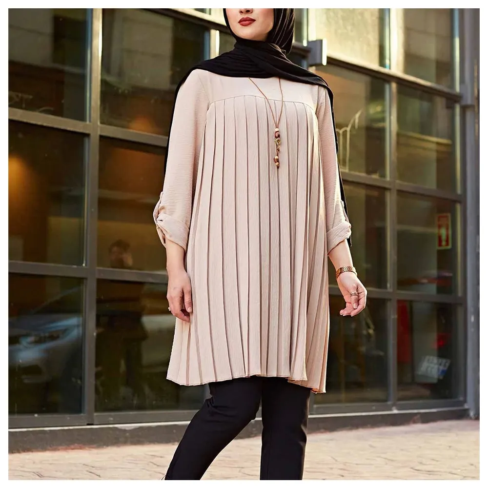 Tops tipo túnica de manga larga para mujer musulmana, prenda de vestir, con cuello redondo, plisado, a la moda, último diseño, F908