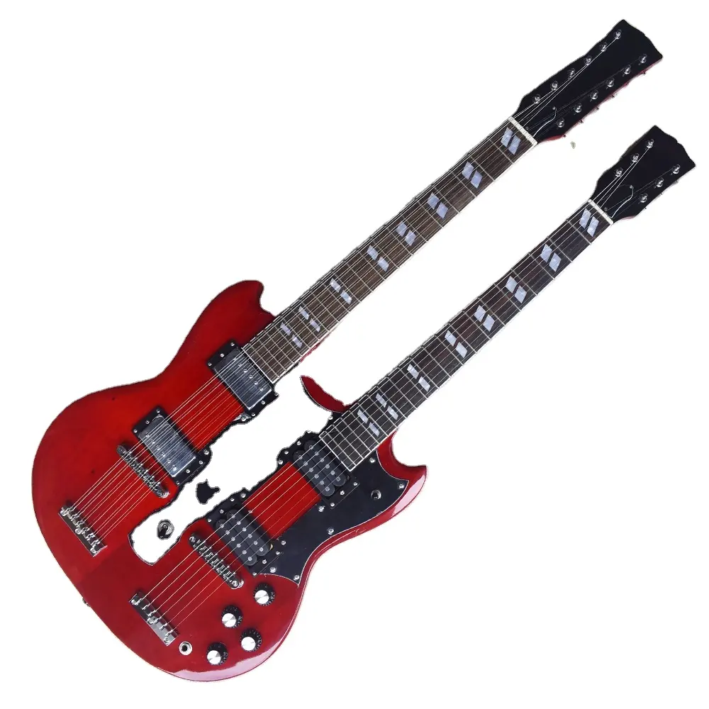 Flyoung, precio barato, guitarra eléctrica de caoba roja, cuerpo sólido, doble cuello, 6 + 12 cuerdas