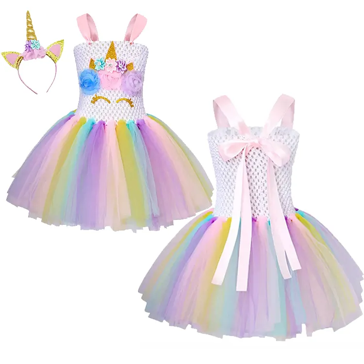 Vestido de princesa de unicornio para niñas pequeñas, tutú de fiesta de cumpleaños, vestido de fantasía con diadema para niñas de 12 años, venta al por mayor