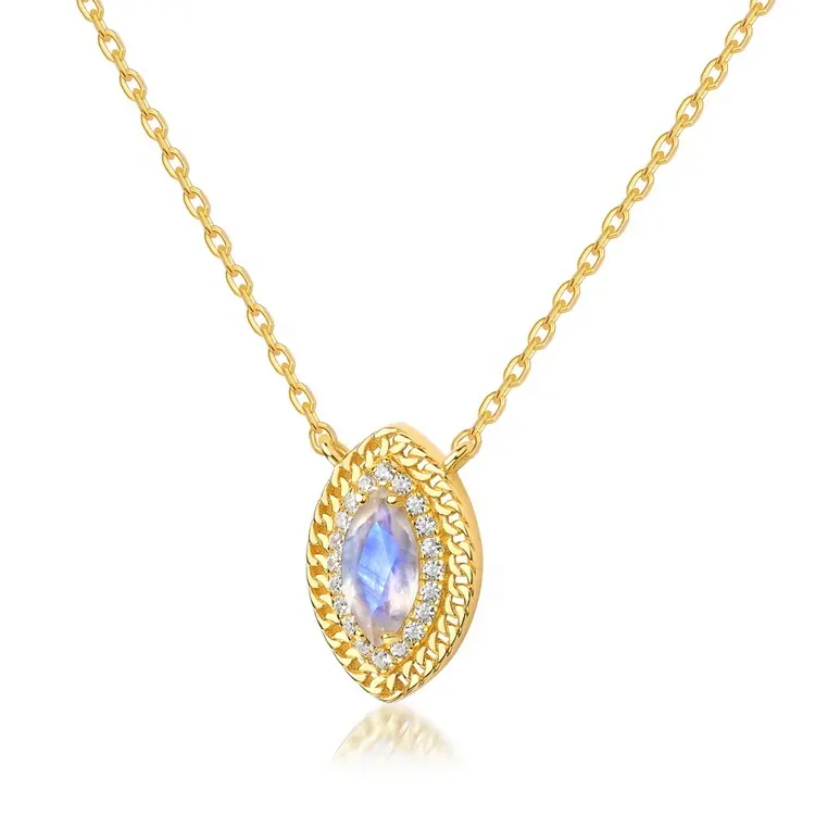 S925 Dames Tempérament Arc-En-Moonstone Collier Argent Marquise Pierre Naturelle Collier