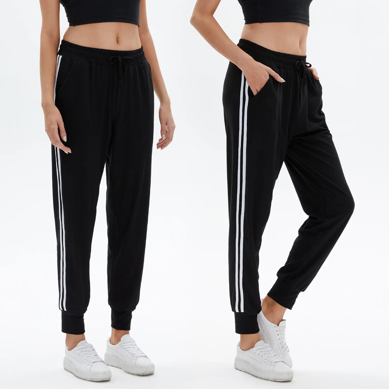 Pantalones de chándal con bolsillos laterales de alta calidad con logotipo personalizado para mujer, pantalones de chándal lisos con cordones para exteriores, pantalones a rayas laterales