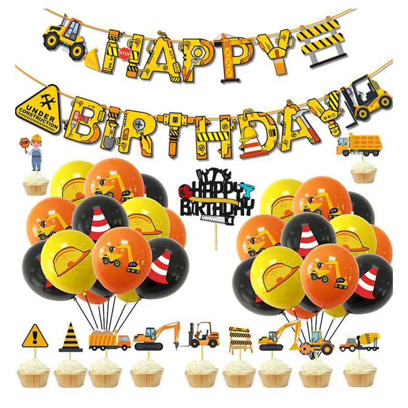 Construction vehicle birthday theme pull flag cake insert balloon set excavator latex balloon party decoration supplies