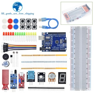Kit di avviamento per Breadboard Arduino Uno R3 kit di apprendimento semplice di base, rilevamento del livello del suono/acqua/umidità/distanza, controllo LED