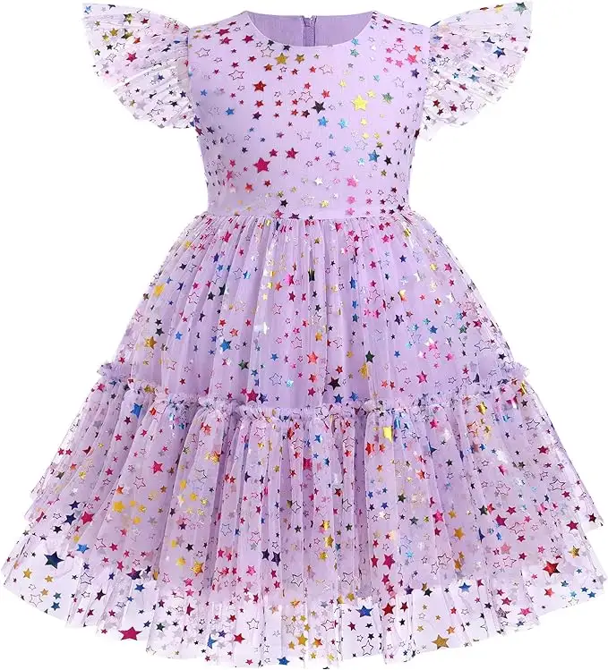 New fashion 2024 Girls Sequin Tulle Dress Rainbow Star Ruffle Sparkle Toddler Girl Kids Wedding Gown Dresses in summer