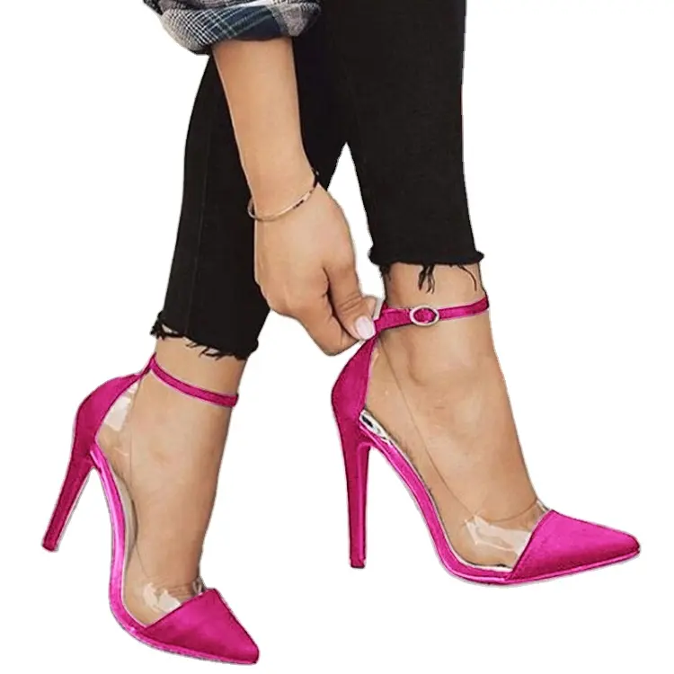 2023 QZK 새로운 신발 여성 브랜드 새로운 스타일 여성의 하이힐 뾰족한 발가락 색상 매칭 벨트 패션 신발 스틸레토
