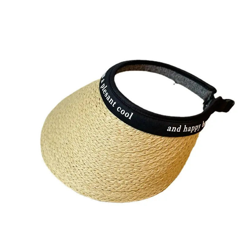 UPF güneş koruma düz renk ışık plaka siyah moda saman rafya güneş şapkası kadın vizör yaz plaj şapkaları