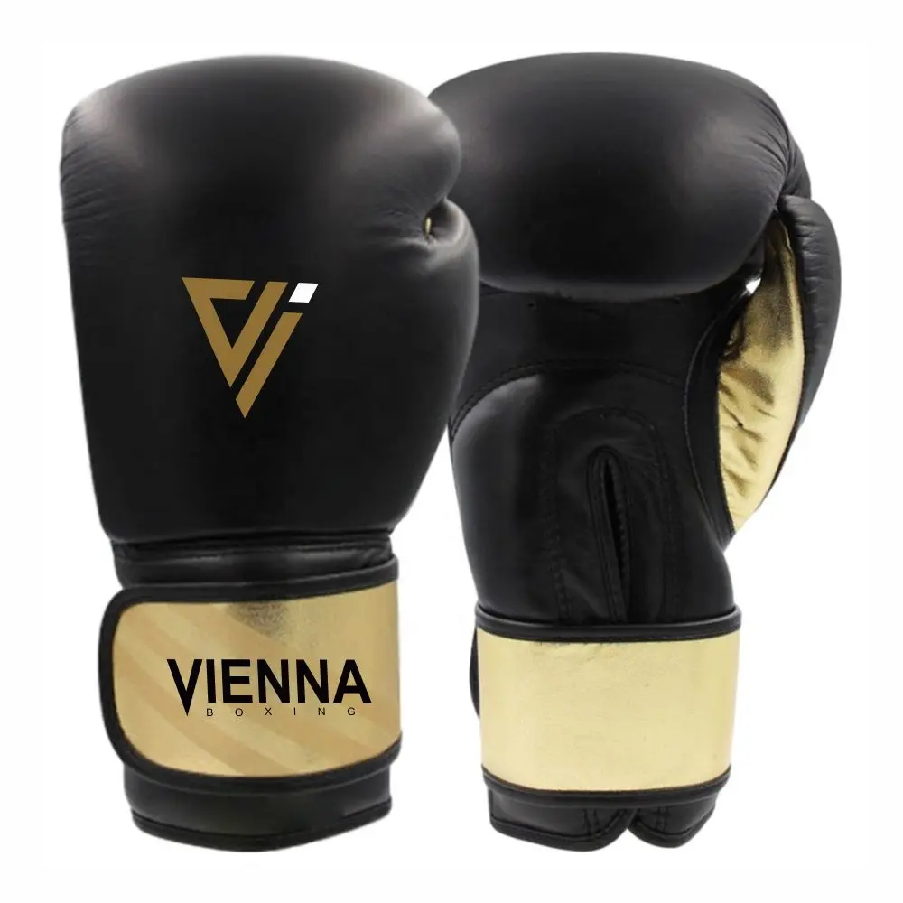 Guantes de boxeo profesionales personalizados de fábrica, guantes de boxeo de cuero dorado y negro con molde de mano